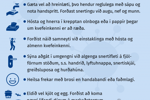 Mikilvægar upplýsingar um hvernig forðast eigi smit við Covid19 veirunni og hvað eigi að gera ef gru…
